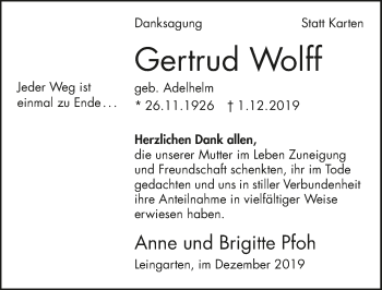 Traueranzeige von Gertrud Wolff 
