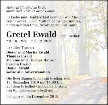 Traueranzeige von Gretel Ewald 