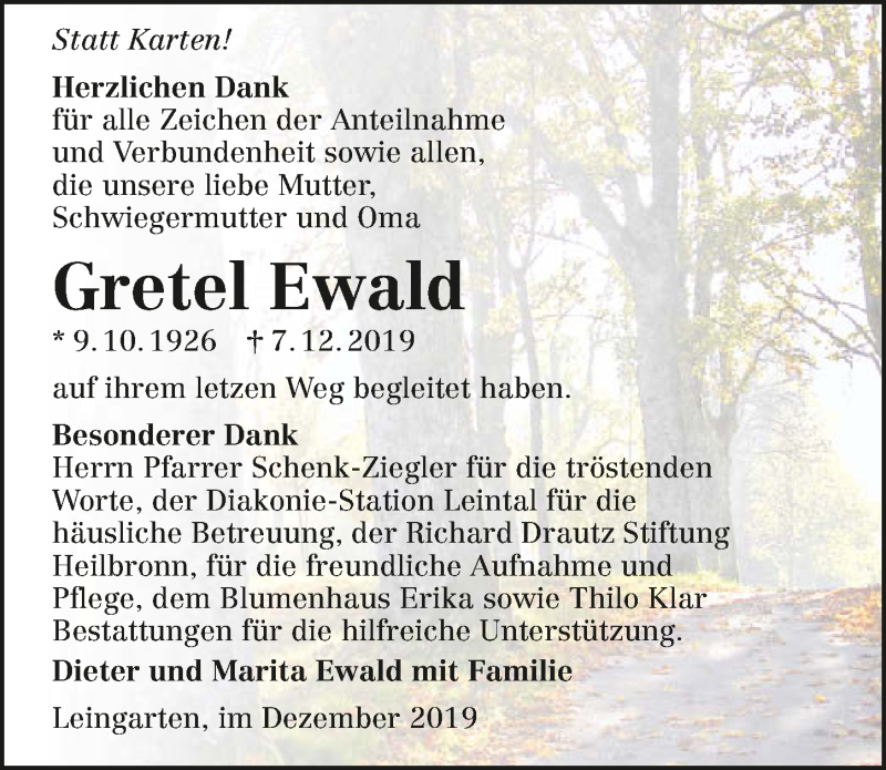 Traueranzeige für Gretel Ewald vom 21.12.2019 aus 