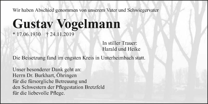  Traueranzeige für Gustav Vogelmann vom 31.12.2019 aus 