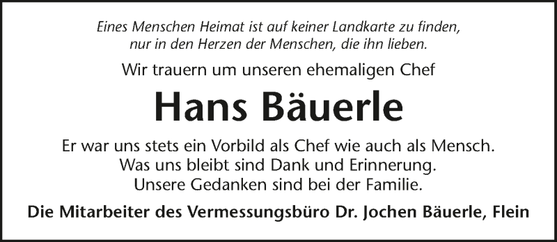  Traueranzeige für Hans Bäuerle vom 21.12.2019 aus 