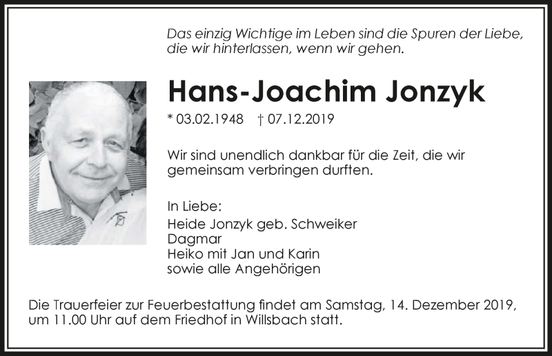  Traueranzeige für Hans-Joachim Jonzyk vom 11.12.2019 aus 