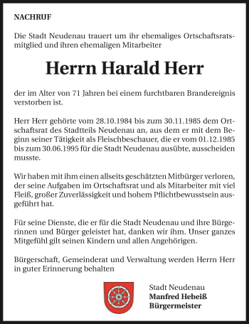 Traueranzeige von Harald Herr 