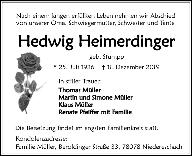  Traueranzeige für Hedwig Heimerdinger vom 21.12.2019 aus 