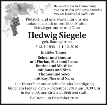 Traueranzeige von Hedwig Siegele 