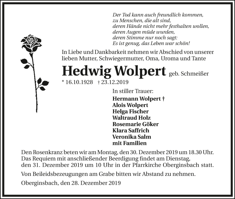  Traueranzeige für Hedwig Wolpert vom 28.12.2019 aus 