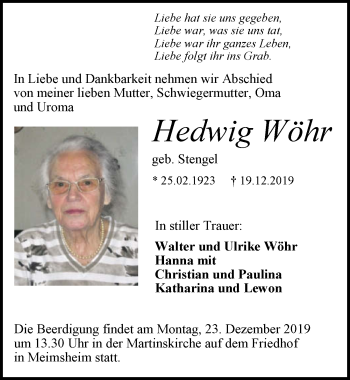 Traueranzeige von Hedwig Wöhr 