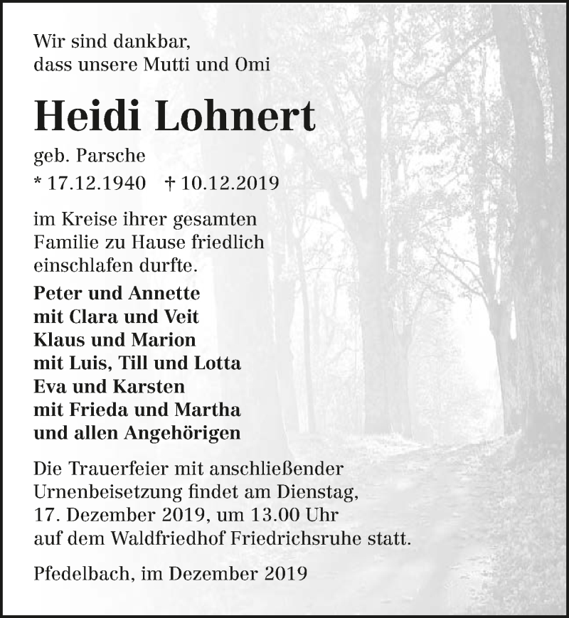  Traueranzeige für Heidi Lohnert vom 14.12.2019 aus 