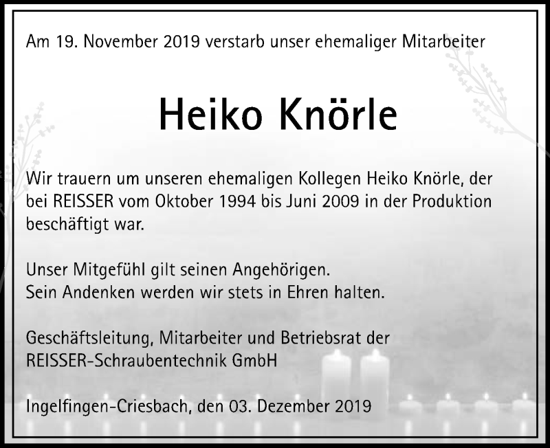  Traueranzeige für Heiko Knörle vom 03.12.2019 aus 