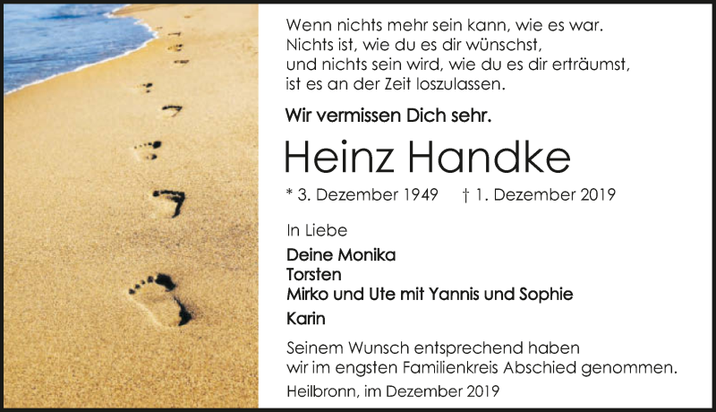  Traueranzeige für Heinz Handke vom 10.12.2019 aus 