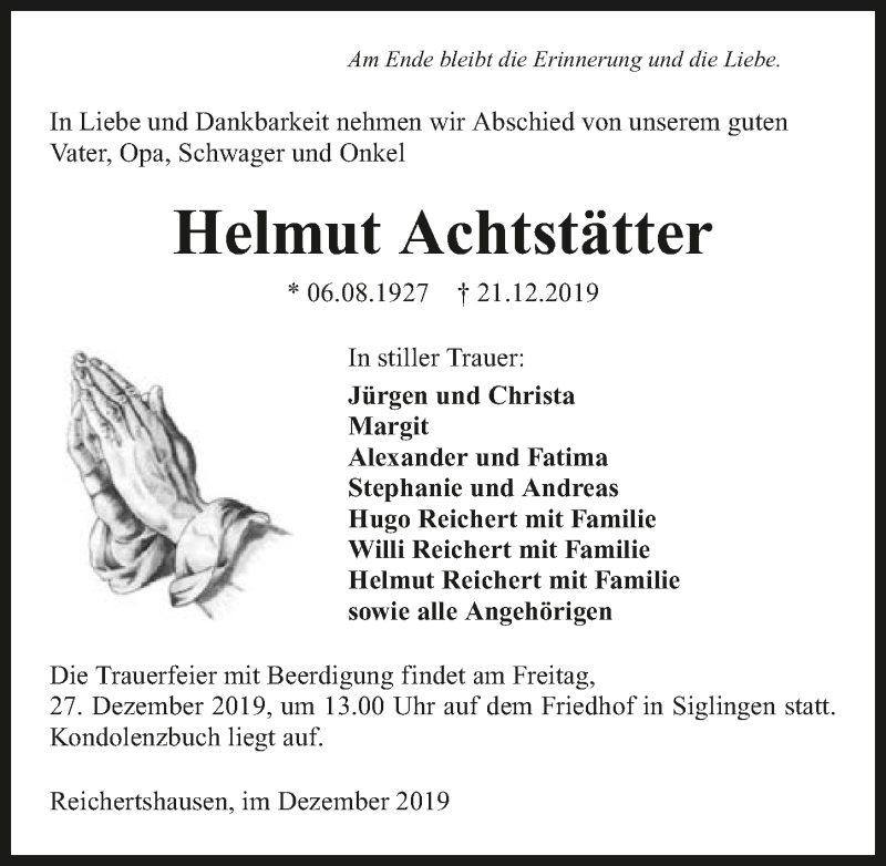  Traueranzeige für Helmut Achtstätter vom 24.12.2019 aus 