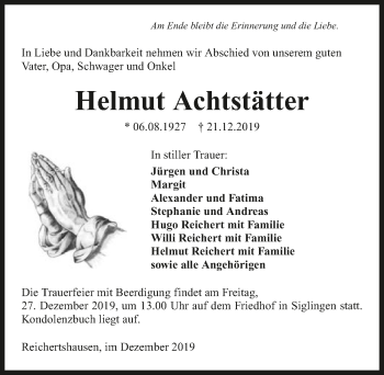 Traueranzeige von Helmut Achtstätter 