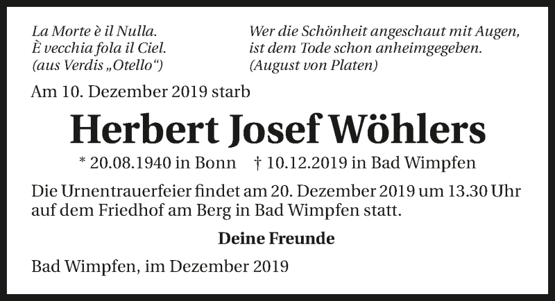  Traueranzeige für Herbert Josef Wöhlers vom 14.12.2019 aus 
