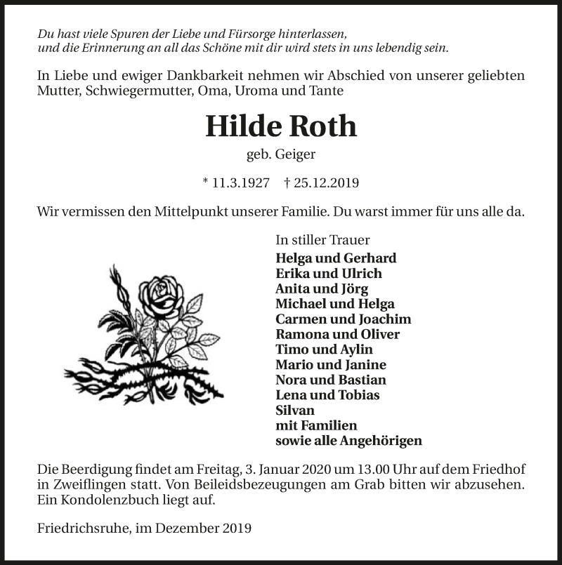  Traueranzeige für Hilde Roth vom 28.12.2019 aus 