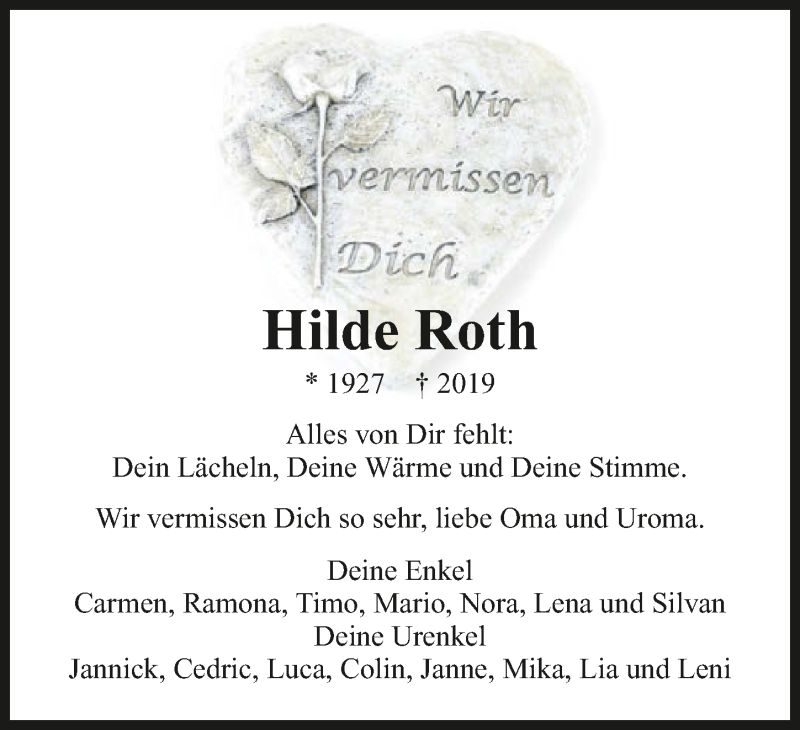  Traueranzeige für Hilde Roth vom 28.12.2019 aus 