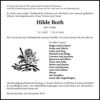 Traueranzeige von Hilde Roth 
