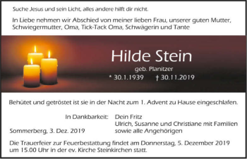 Traueranzeige von Hilde Stein 