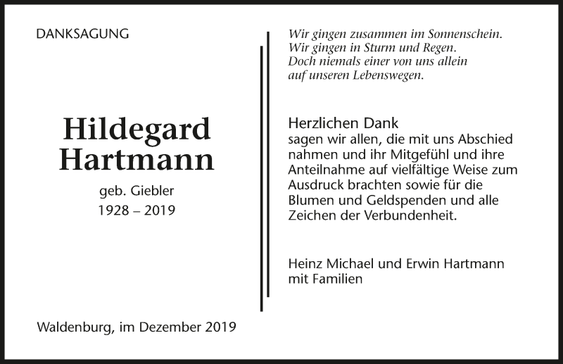  Traueranzeige für Hildegard Hartmann vom 30.12.2019 aus 
