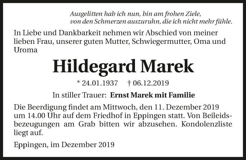  Traueranzeige für Hildegard Marek vom 10.12.2019 aus 