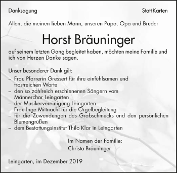 Traueranzeige von Horst Bräuninger 