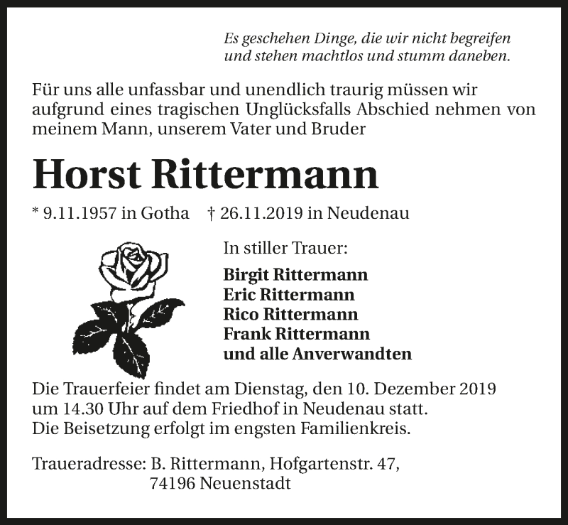  Traueranzeige für Horst Rittermann vom 07.12.2019 aus 