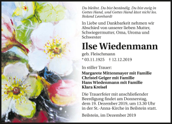 Traueranzeige von Ilse Wiedenmann 