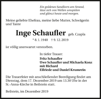Traueranzeige von Inge Schaufler 