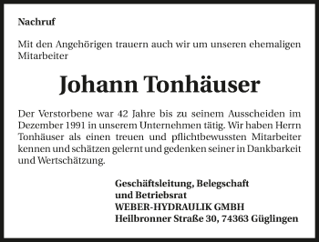 Traueranzeige von Johann Tonhäuser 