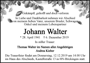 Traueranzeige von Johann Walter 