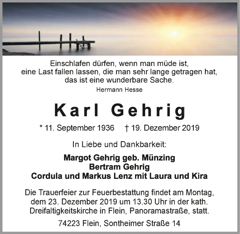  Traueranzeige für Karl Gehrig vom 21.12.2019 aus 