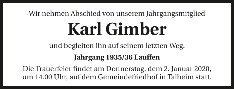  Traueranzeige für Karl Gimber vom 31.12.2019 aus 