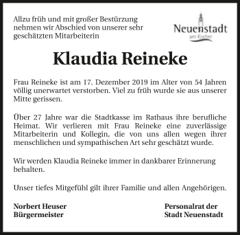 Traueranzeige von Klaudia Reineke 