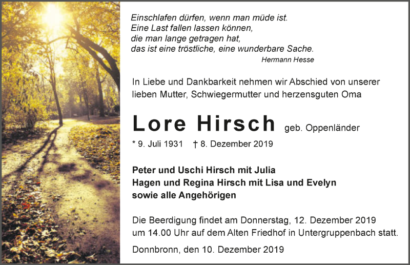  Traueranzeige für Lore Hirsch vom 10.12.2019 aus 