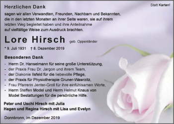 Traueranzeige von Lore Hirsch 