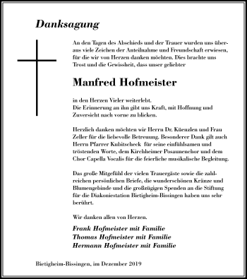 Traueranzeige von Manfred Hofmeister 