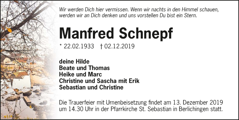  Traueranzeige für Manfred Schnepf vom 07.12.2019 aus 