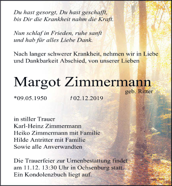 Traueranzeige von Margot Zimmermann 