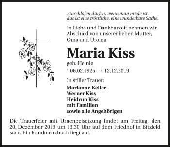Traueranzeige von Maria Kiss 