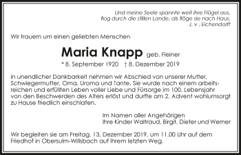 Traueranzeige von Maria Knapp 