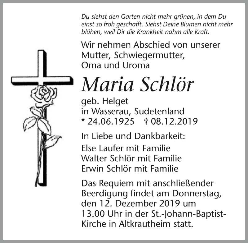  Traueranzeige für Maria Schlör vom 11.12.2019 aus 
