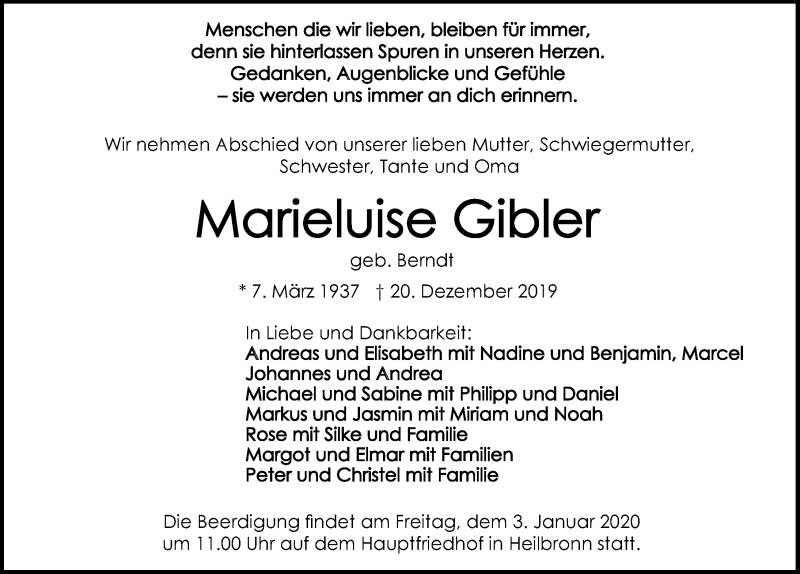  Traueranzeige für Marieluise Gibler vom 28.12.2019 aus 