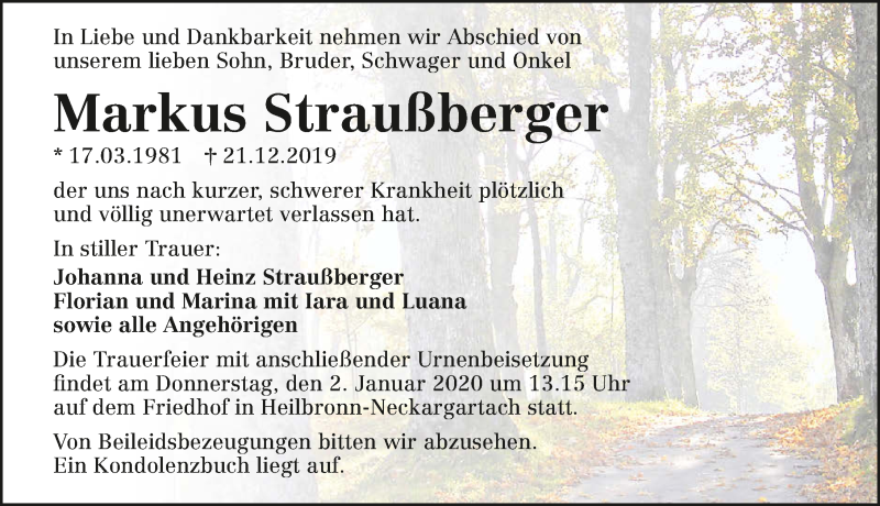  Traueranzeige für Markus Straußberger vom 28.12.2019 aus 