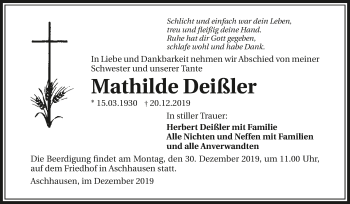 Traueranzeige von Mathilde Deißler 
