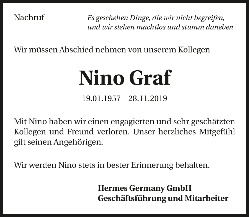  Traueranzeige für Nino Graf vom 09.12.2019 aus 