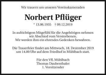 Traueranzeige von Norbert Pflüger 