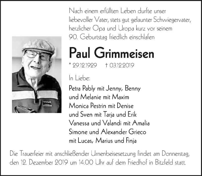  Traueranzeige für Paul Grimmeisen vom 07.12.2019 aus 