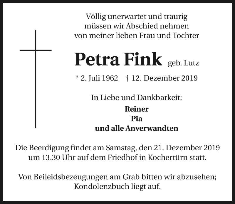  Traueranzeige für Petra Fink vom 19.12.2019 aus 