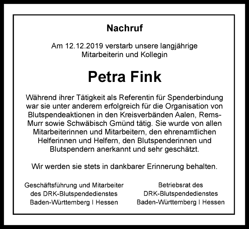  Traueranzeige für Petra Fink vom 21.12.2019 aus 