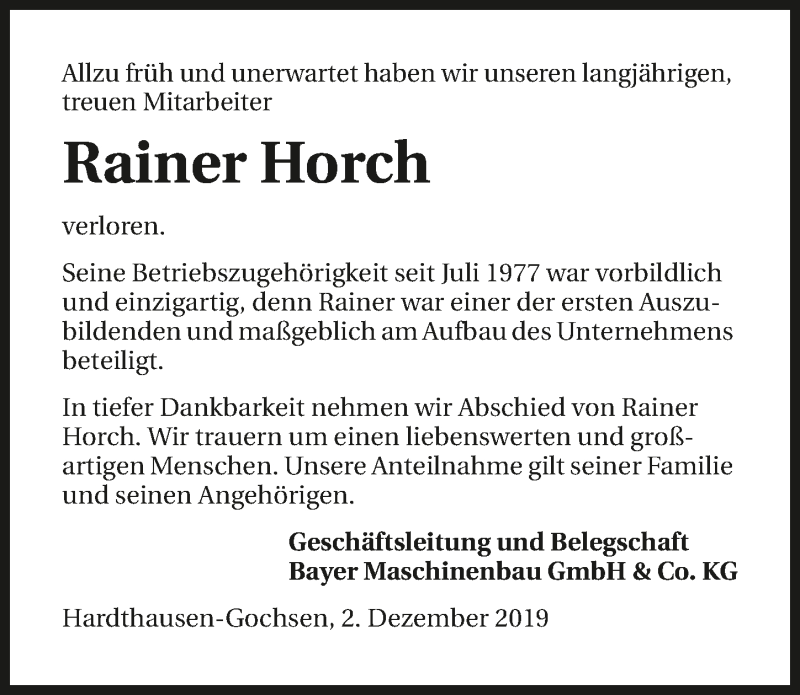  Traueranzeige für Rainer Horch vom 02.12.2019 aus 