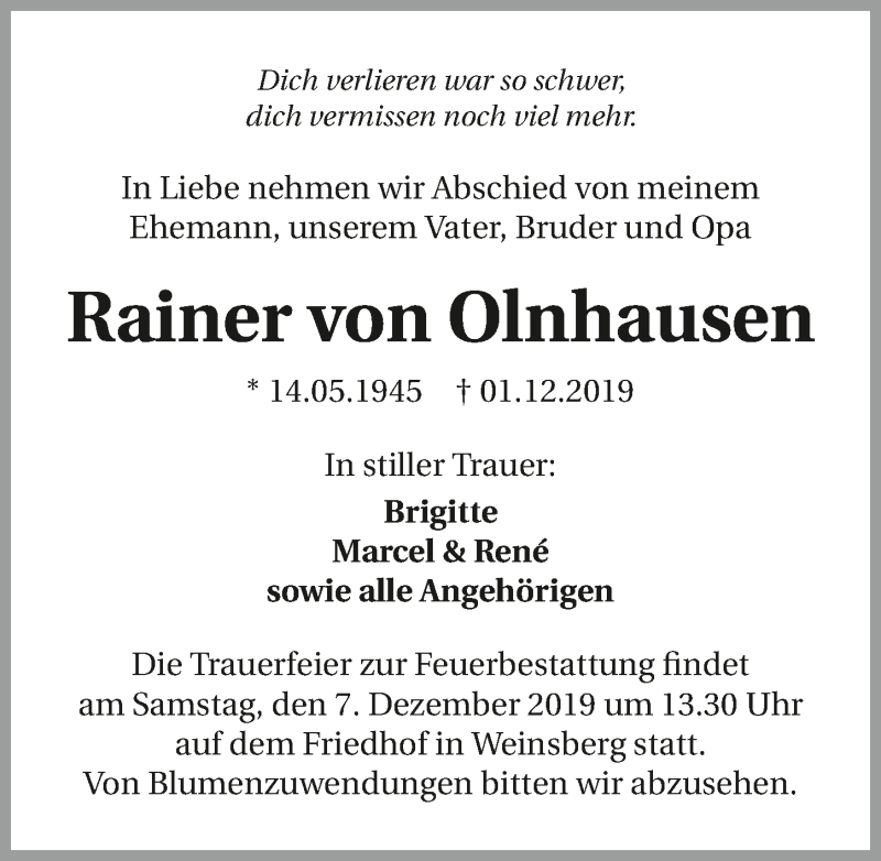  Traueranzeige für Rainer von Olnhausen vom 03.12.2019 aus 